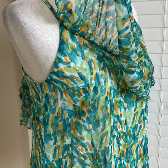 Modcloth Poem Small Blue Green Sleeveless Blouse Top Pullover Sheer Ruffle Neck - Picture 9 of 12